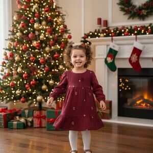Cat & Jack Toddler 5T Burgundy Dress Long Sleeve Floral Design Holiday Dress